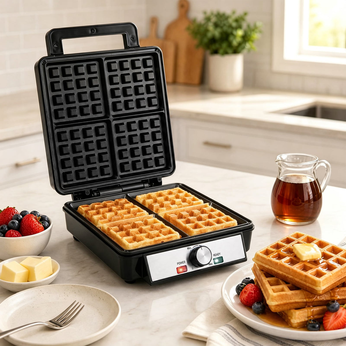 Belgian Waffle Maker 4-Slice 1200W with Browning Knob Nonstick Plates for Family-Black