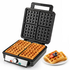 Belgian Waffle Maker 4-Slice 1200W with Browning Knob Nonstick Plates for Family-Black