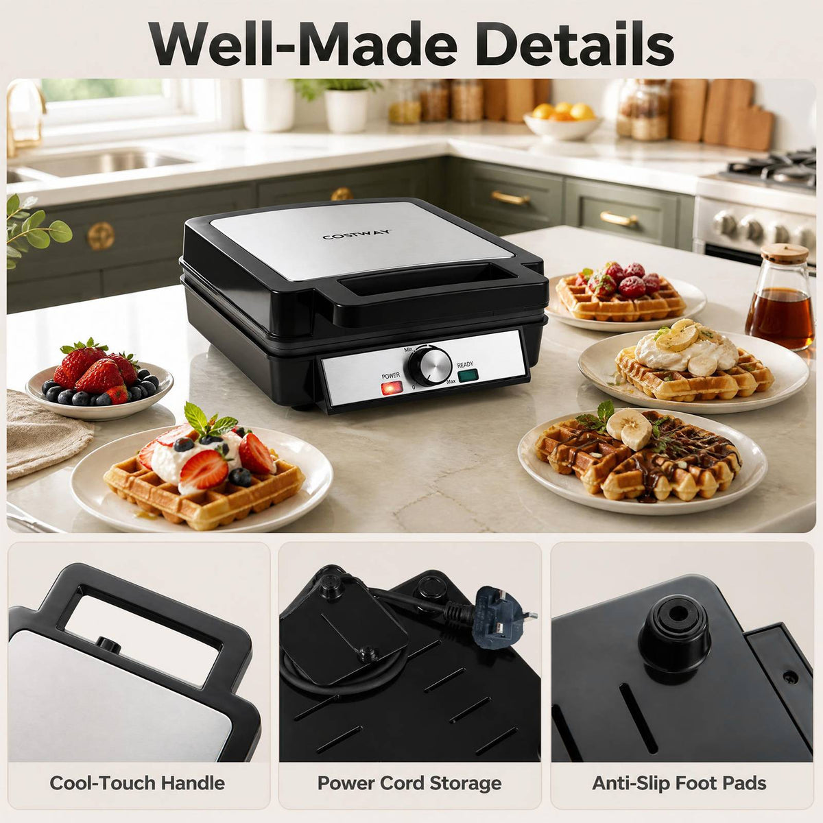 Belgian Waffle Maker 4-Slice 1200W with Browning Knob Nonstick Plates for Family-Black