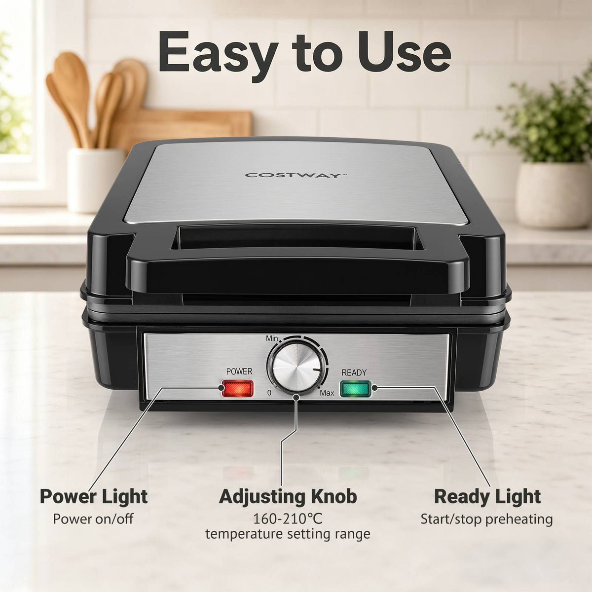 Belgian Waffle Maker 4-Slice 1200W with Browning Knob Nonstick Plates for Family-Black