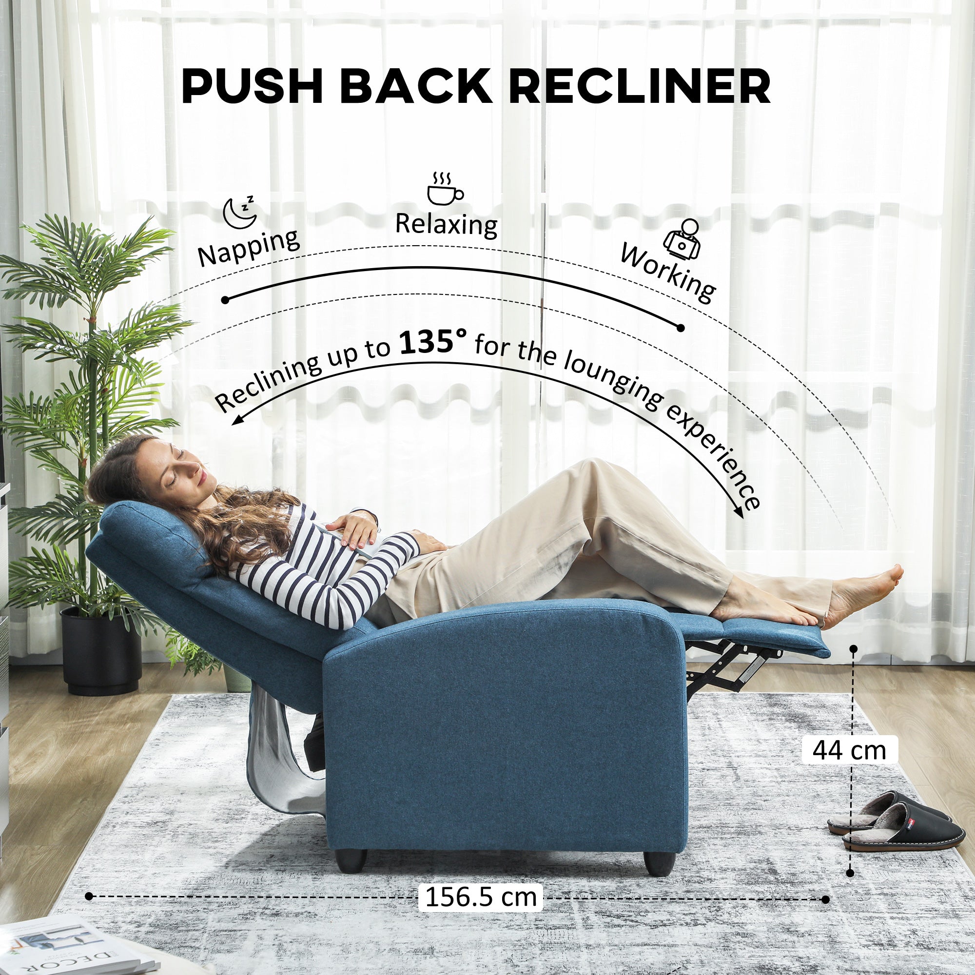 HOMCOM 135 Push Back Recliner Armchair, with Footrest - Blue