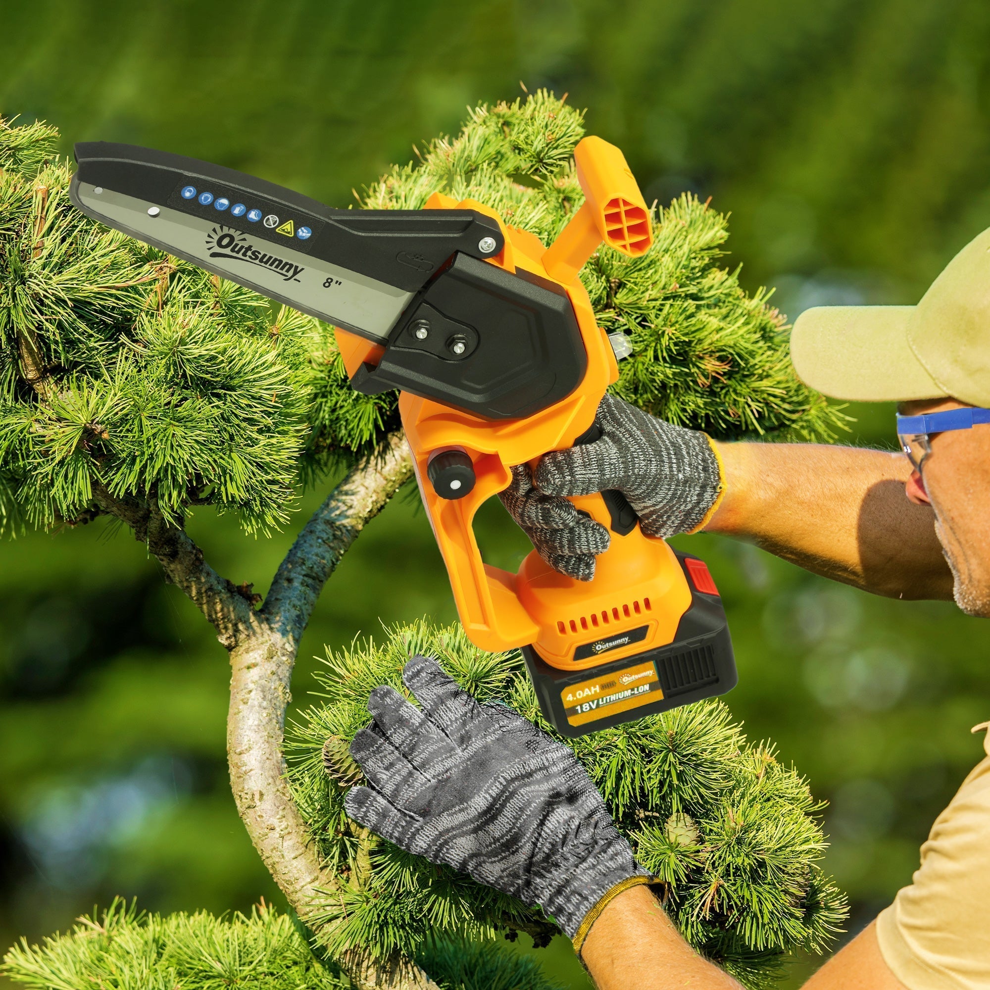 Outsunny Mini Chainsaw Cordless, 8 Inch Electric Chainsaw with 2 x 4000mAh Batteries, Brushless Motor and Safety Lock for Tree Trimming, Garden, Wood Cutting, Orange