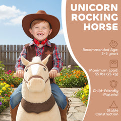 AIYAPLAY Rocking Horse, Plush Ride On Horse with Rolling Wheels & Saddle, Ride On Pony Toy for Kids 3-5 Years, Up to 25kg, Brown