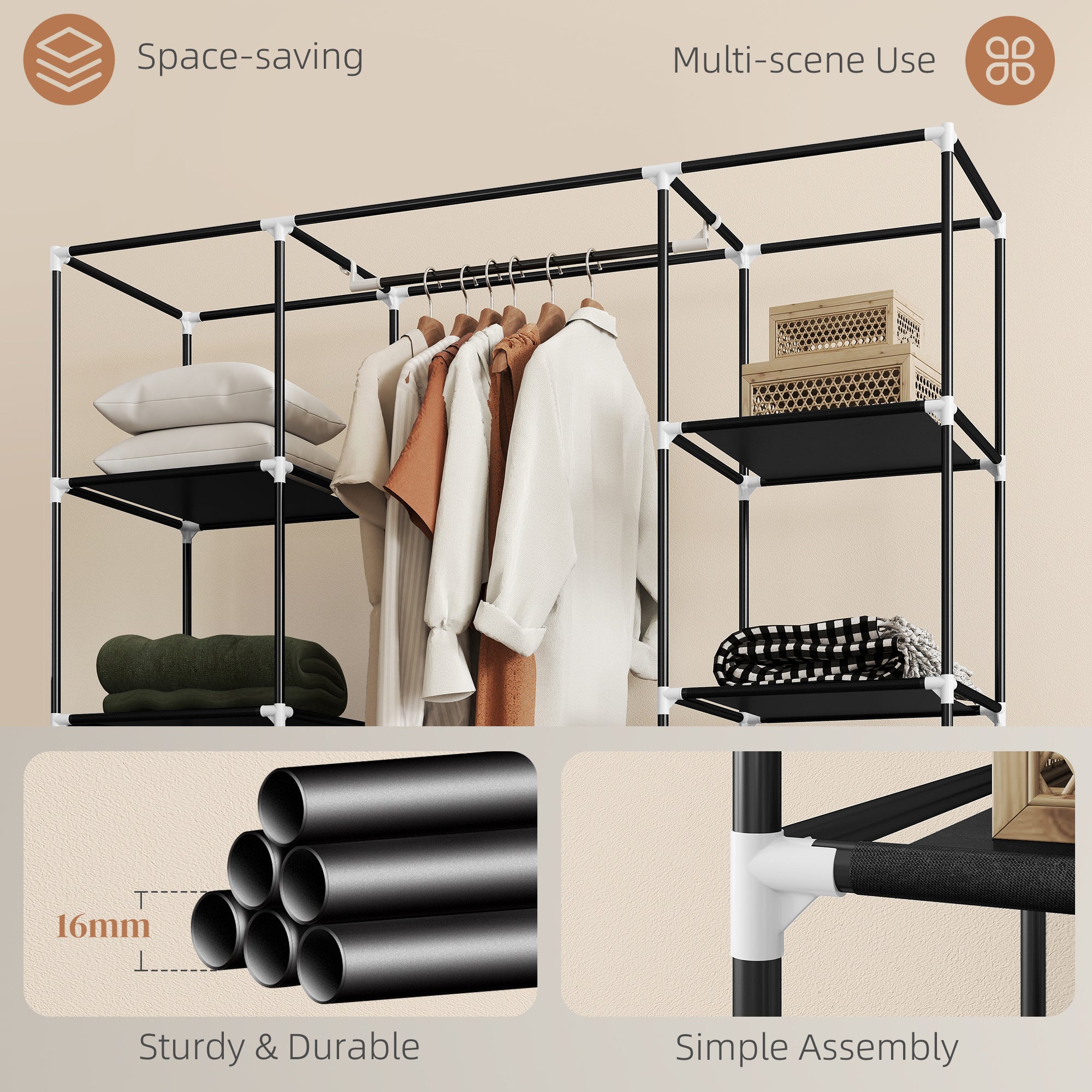 HOMCOM Portable Wardrobe, Foldable Fabric Wardrobe, 150 x 43 x 162.5cm, Clothes Storage Organiser with Hanging Rail, Shelves, Fabric Cover for Bedroom, Black