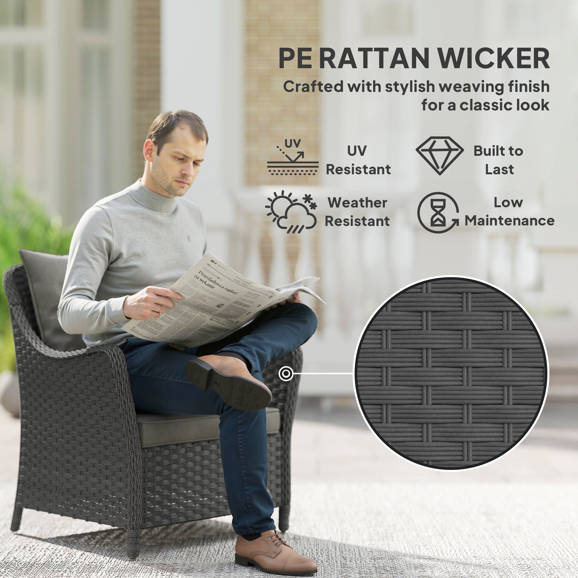 Outsunny Rattan Garden Chairs Set of 2, Outdoor Rattan Chairs with Cushions, Armrests and High Back, PE Wicker Garden Armchair with Steel Frame for Balcony, Porch, Dark Grey