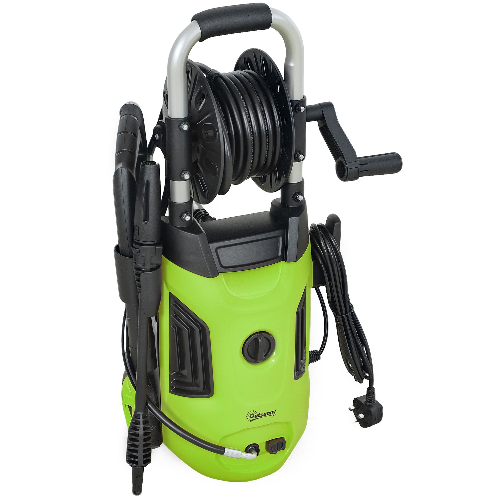 Outsunny 1800W High√Ç Pressure√Ç Washer, 150 Bar Pressure, 420 L/h Flow, Portable Power Washer Jet Wash Cleaner with Adjustable Nozzle, 6M Hose, Hose Reel, Steel Handle for Home Patio Car Driveway, Green