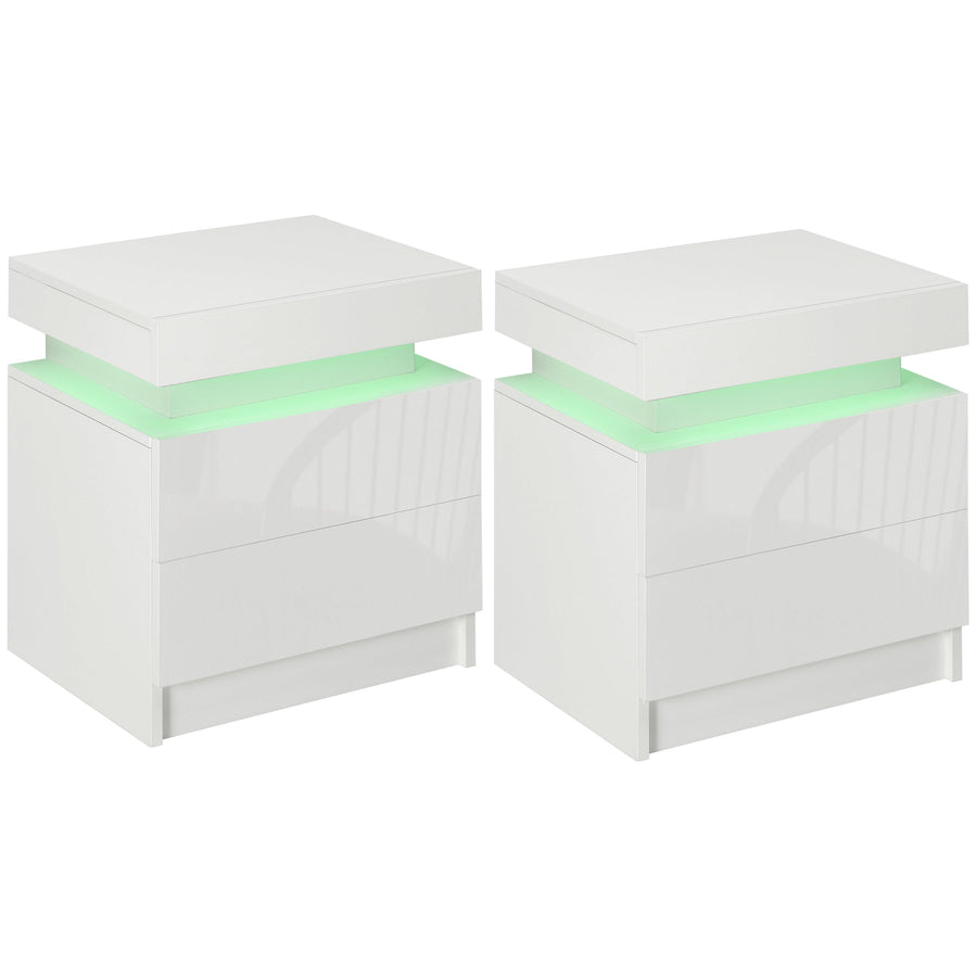 HOMCOM Set of 2 White Bedside Tables with LED Lights, High Gloss Front Nightstands with 4 Drawers