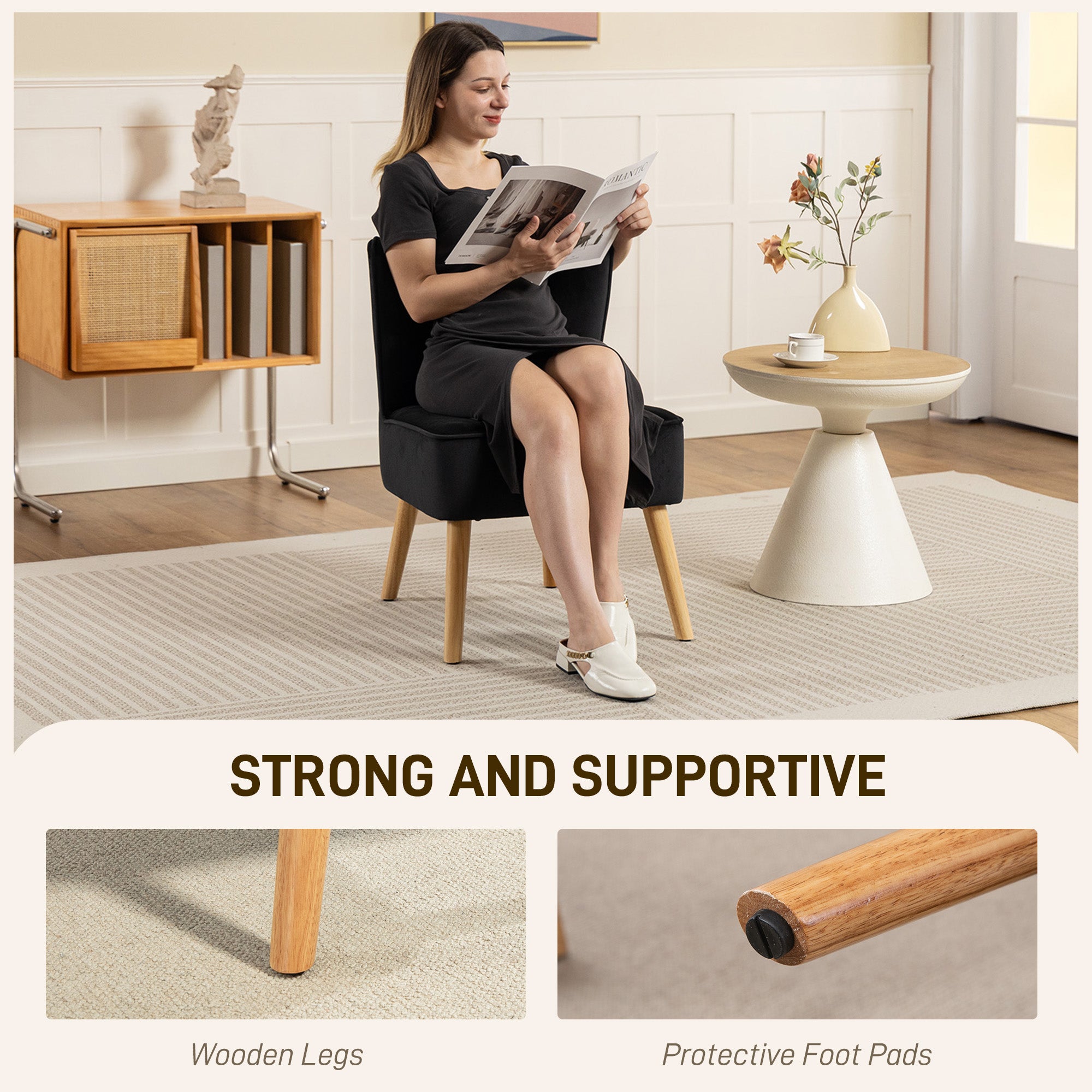 HOMCOM Modern Accent Chair, Fabric Living Room Chair with Rubber Wood Legs and Thick Padding, Black