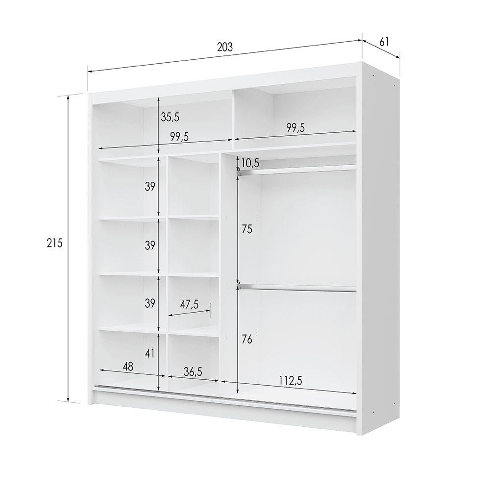 White Mirrored Sliding Door Wardrobe 203cm – CHESTER 2