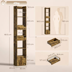 HOMCOM Bookcase Tall Narrow with 5 Tiers and Drawers Freestanding Bookshelf Storage Cabinet for Living Room Rustic Brown