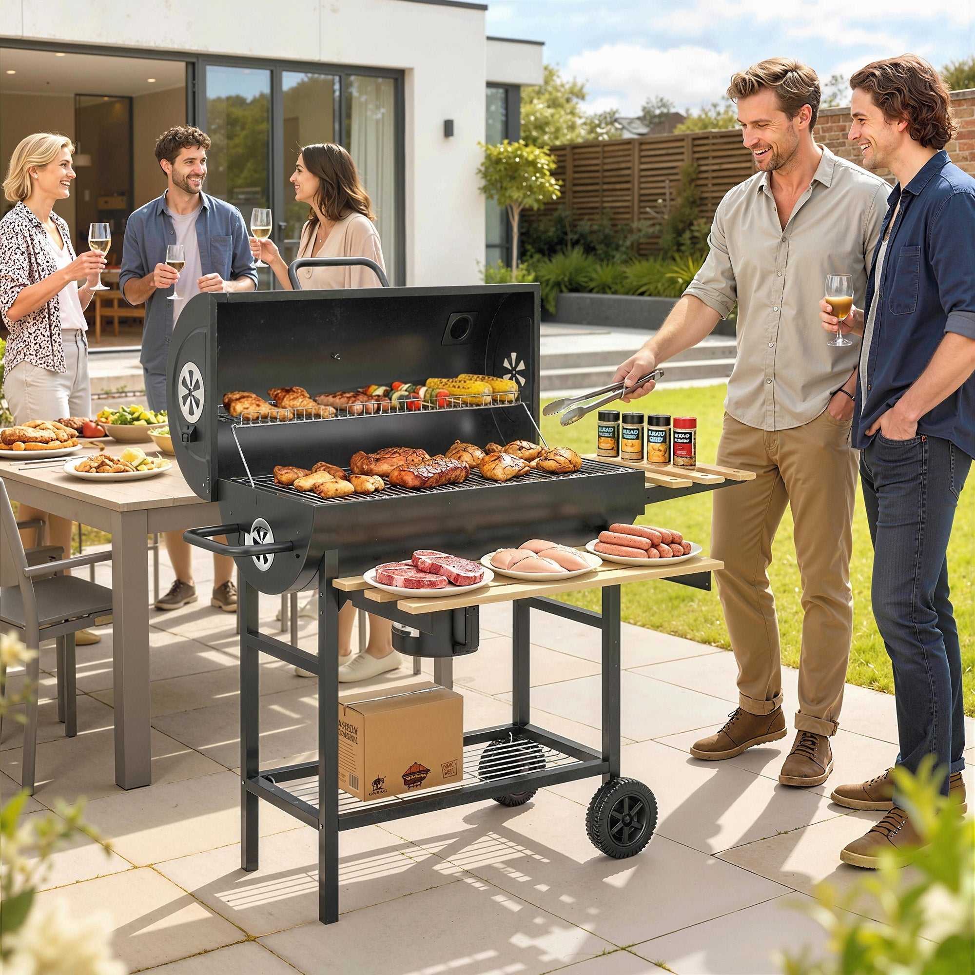 Outsunny Charcoal Grill, Barrel BBQ Smoker with Warming Rack, Charcoal BBQ Grill with Foldable Shelves, Natural Wood and Black