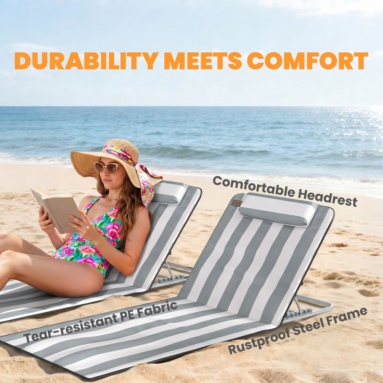 Outsunny Set of 2 Foldable Garden Beach Chair Mat Lightweight Outdoor Sun Lounger Seats Adjustable Back Metal Frame PE Fabric Head Pillow w/ Carry Bag, Light Grey