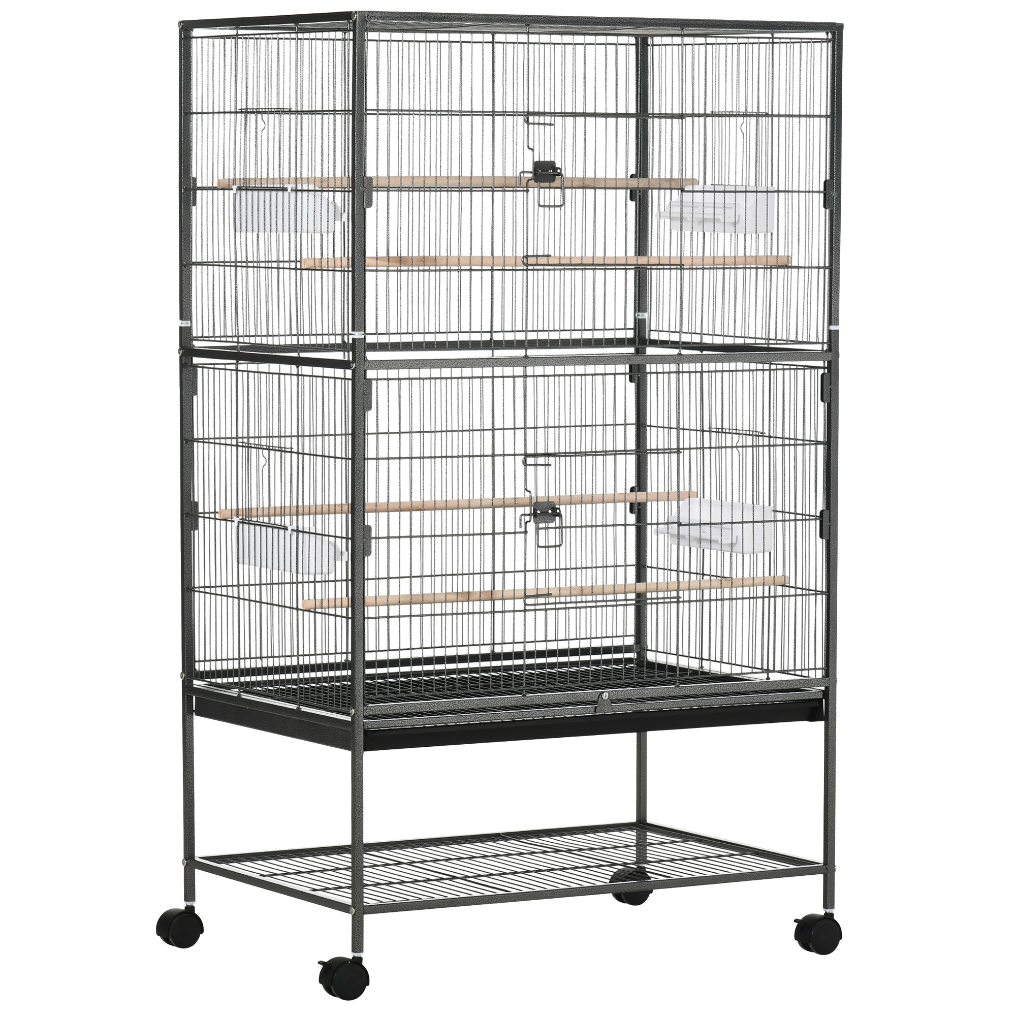 PawHut Large Bird Cage Budgie Cage for Finch Canaries Parakeet with Rolling Stand, Slide-out Tray, Storage Shelf, Food Containers, Dark Grey