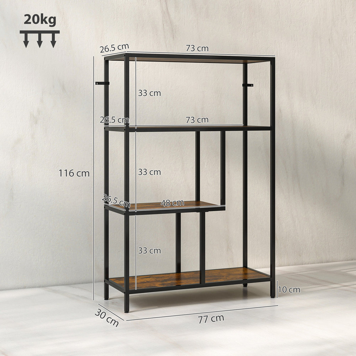 HOMCOM 4-Tier Bookshelf with Open Shelves - Rustic Brown