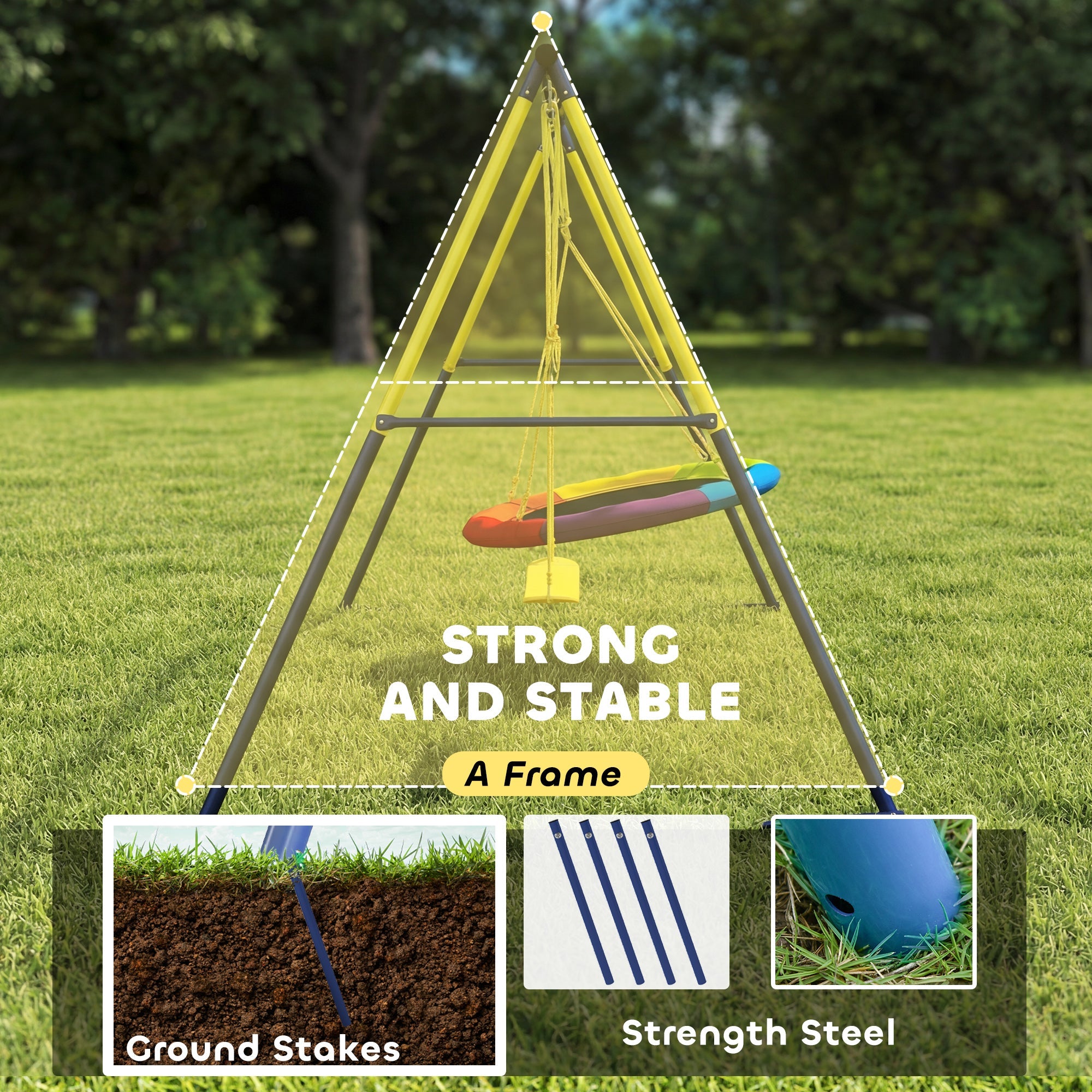 AIYAPLAY Kids Swing Set with Double Swings, Outdoor Playset with Adjustable Ropes, Metal Frame for Ages 3-8, 150kg Capacity