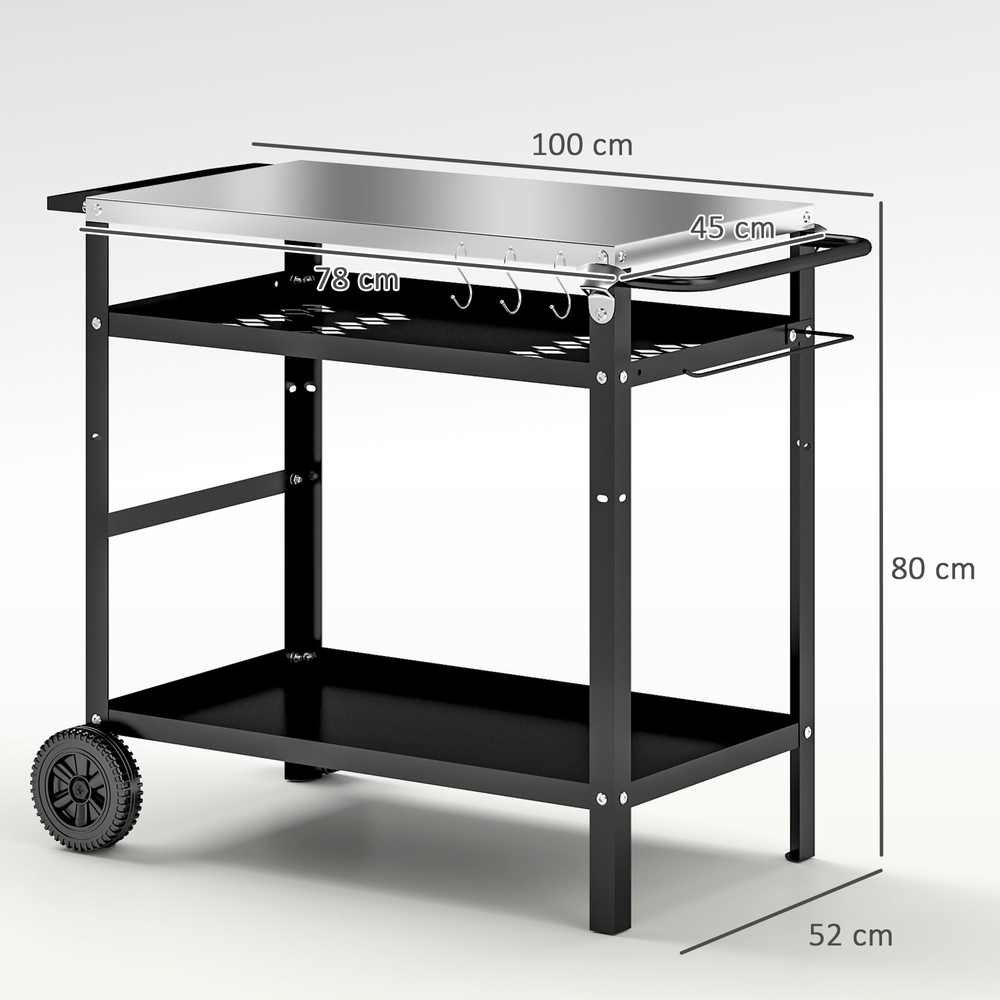 Outsunny BBQ Trolley with Stainless Steel Top Adjustable Shelf, Outdoor Kitchen Barbecue Station with Hooks Seasoning Tray Towel Rack, Pizza Oven Table Movable Grill Dining Cart with Cover, Black