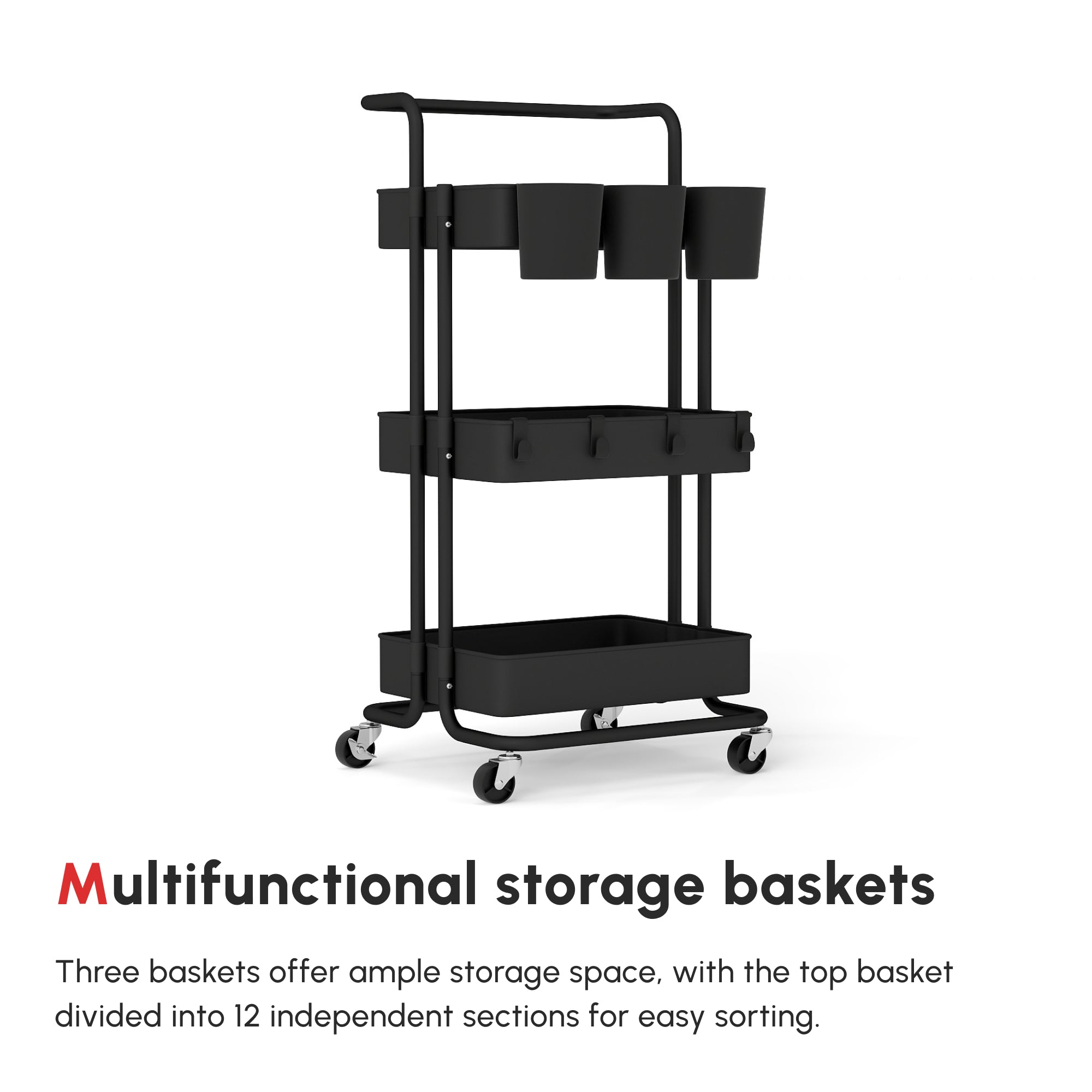 HOMCOM Three-Tier Home Trolley, with Handle and Wheels - Black