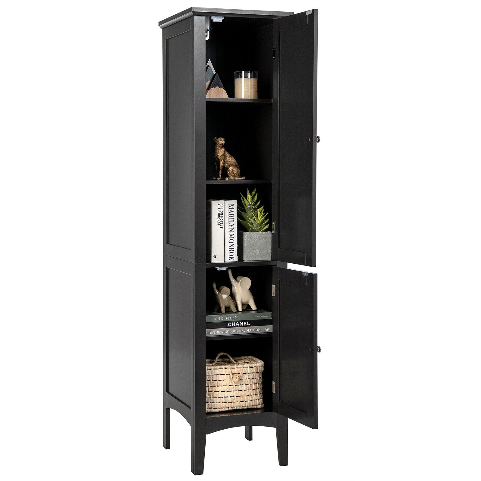 2-Door 160cm High Freestanding Bathroom Cabinet with 5-Tier Shelves-Black