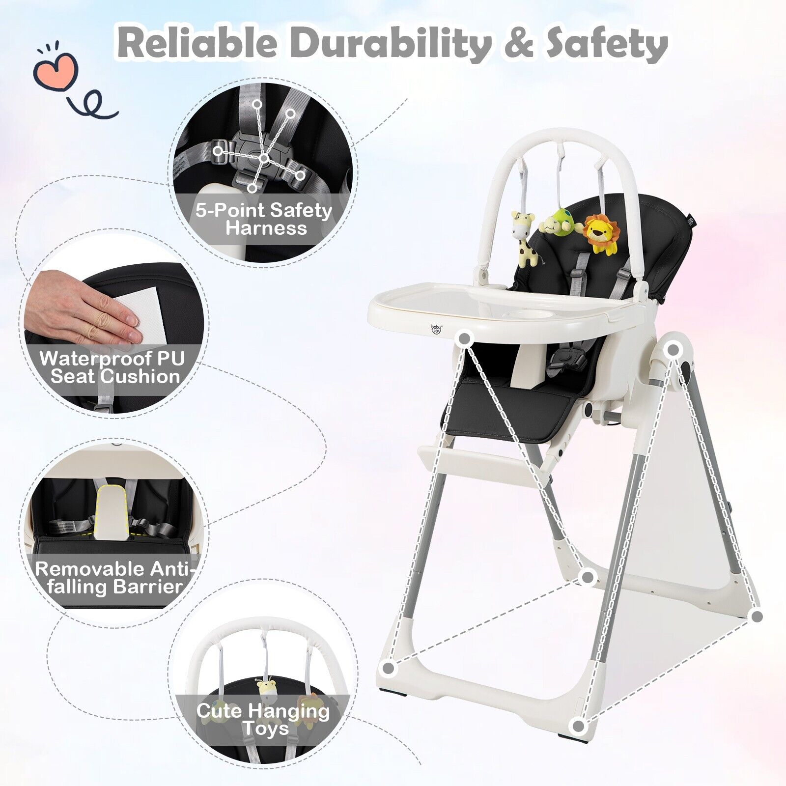 4-in-1 Foldable Baby High Chair with 7 Adjustable Heights and 4 Reclining Angles-Black