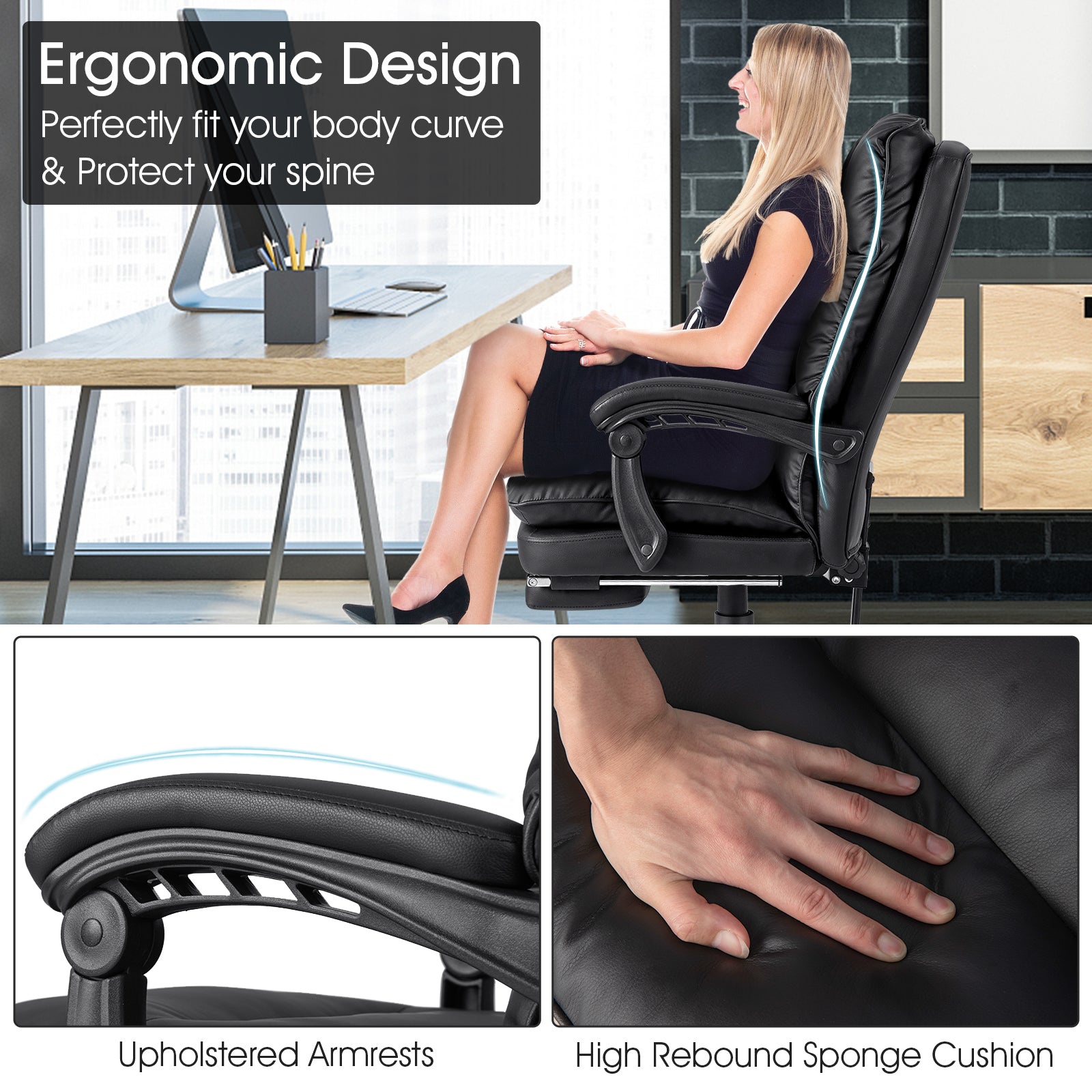 Ergonomic Adjustable High Back Rolling Computer Chair with Retractable Footrest-Black