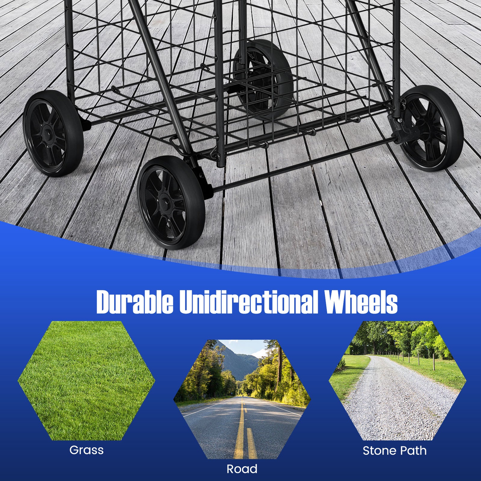 Heavy Duty Folding Shopping Cart with 83L Metal Basket-Black