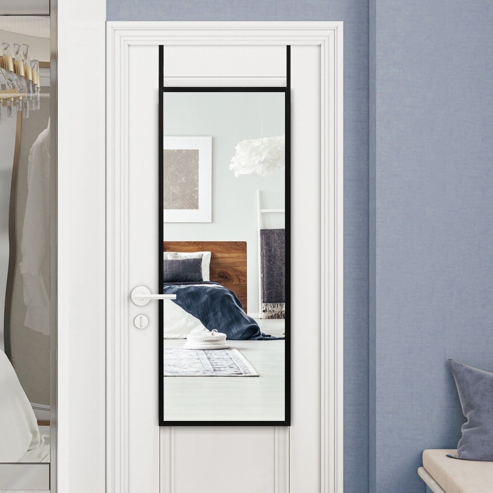 Full Length Wall-Mounted Mirror with Height Adjusting Hooks-Black