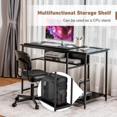 The office desk showing the lower shelf being used to hold a computer tower