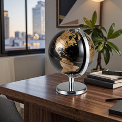 20CM Rotating Metallic Black World Globe with Metal Stand for Home School-Golden