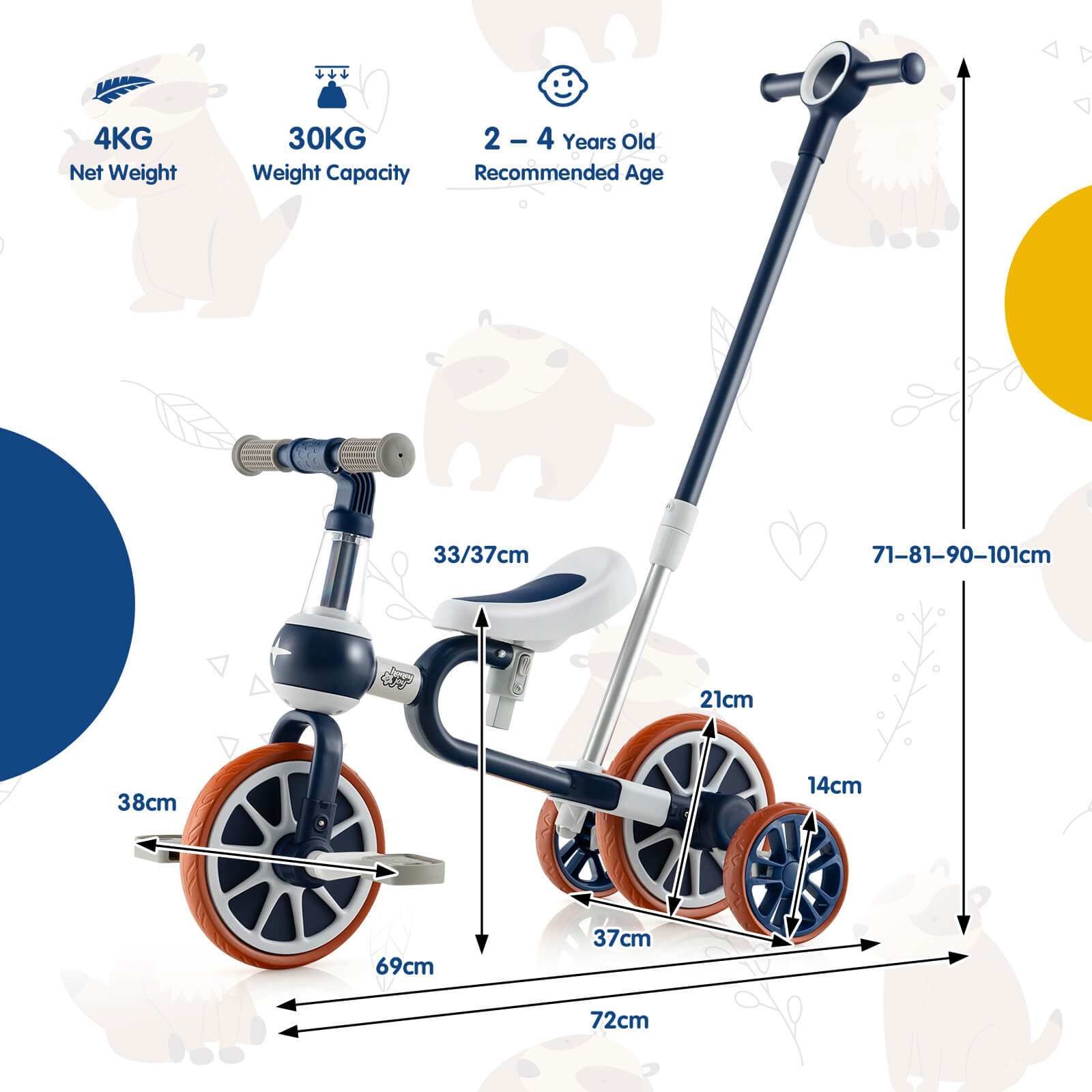 4-in-1 Multifunctional Kids Training Balance Trike wih Adjustable Push Handle-Navy