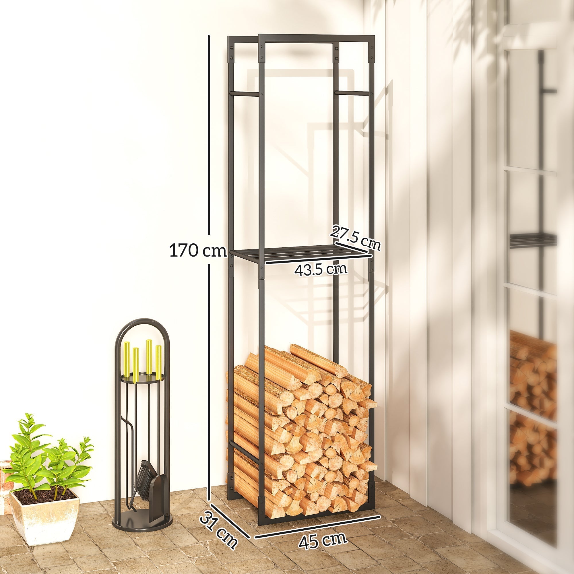 Outsunny Metal Firewood Log Holder, Heavy Duty Firewood Rack with Adjustable Shelf, Indoor Outdoor Fireplace Wood Storage Shelf, 45 x 31 x 170 cm, Black