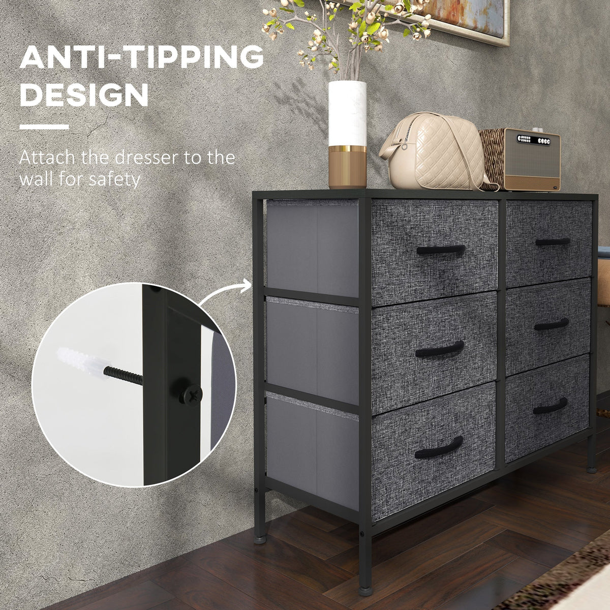 HOMCOM Fabric Chest of Drawers, Industrial Bedroom Dresser with 6 Fabric Drawers, Steel Frame and Wooden Top for Nursery, Living Room, Hallway, Black