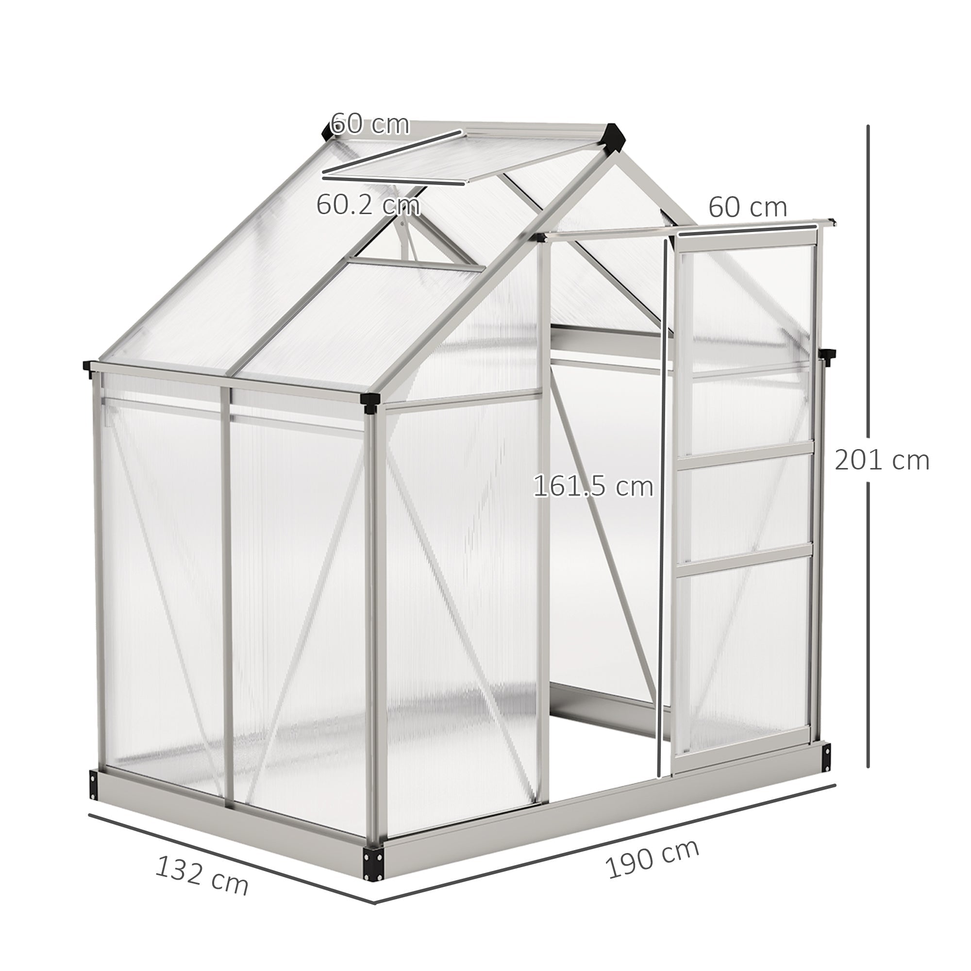 Outsunny Polycarbonate Greenhouse, Large Walk-In Green House with Slide Door and Window, Aluminium Frame, 6x4ft, Silver Tone