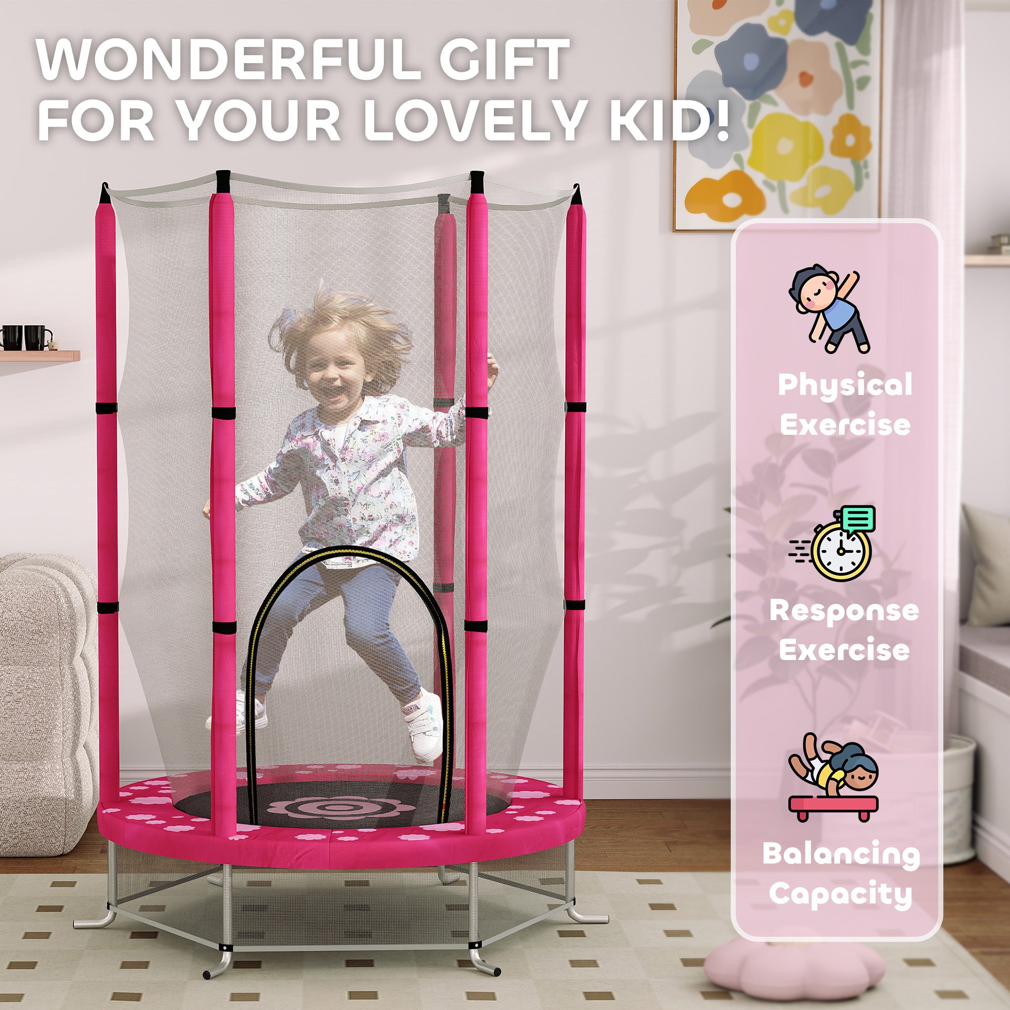 AIYAPLAY 4.6ft Toddler Trampoline w/ Safety Enclosure Net, for Indoor Outdoor Use, Ages 3-6 Years, Pink