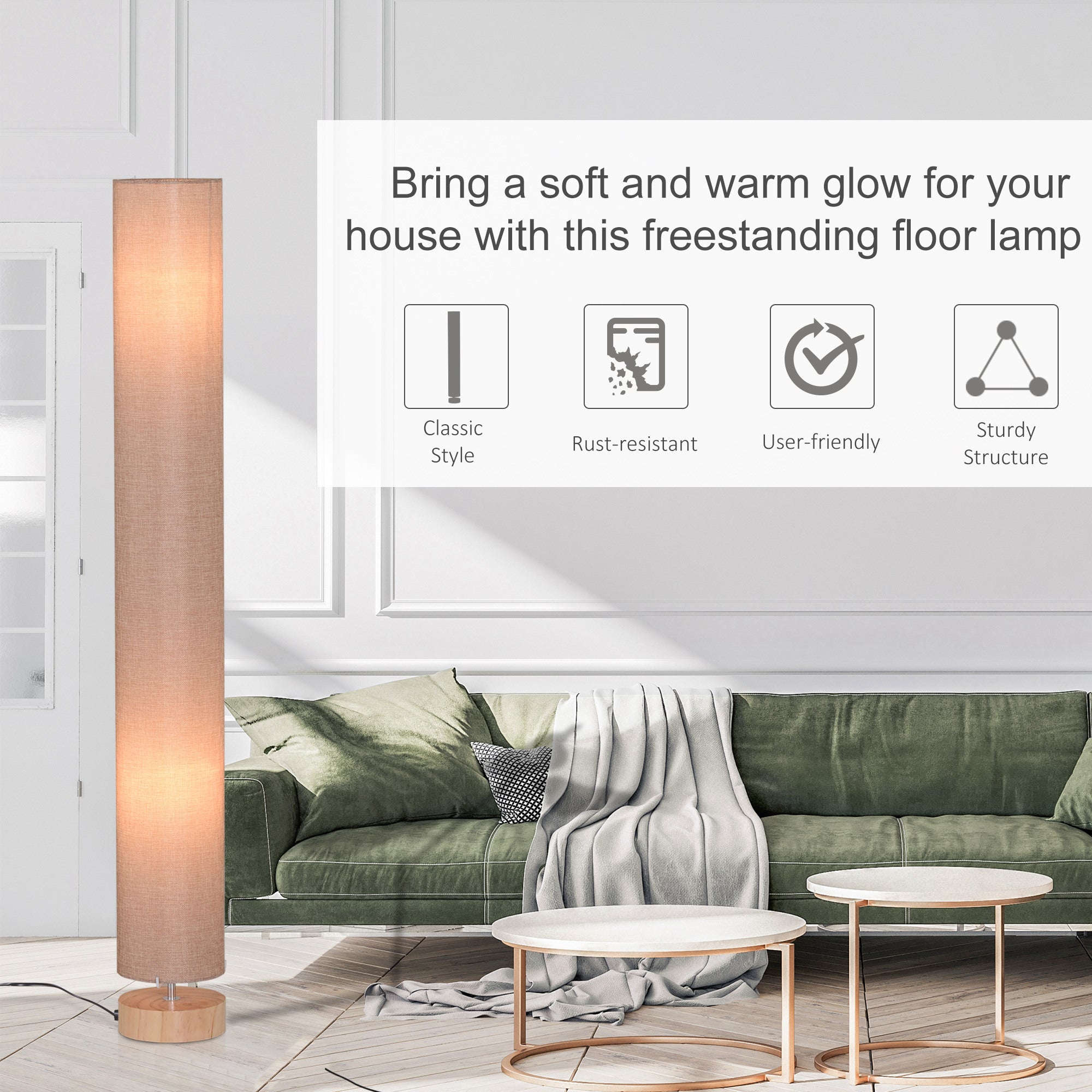 HOMCOM Floor Lamp for Living Room, 120cm Modern Standing Lamp with Linen Shade and Wooden Base, Cream