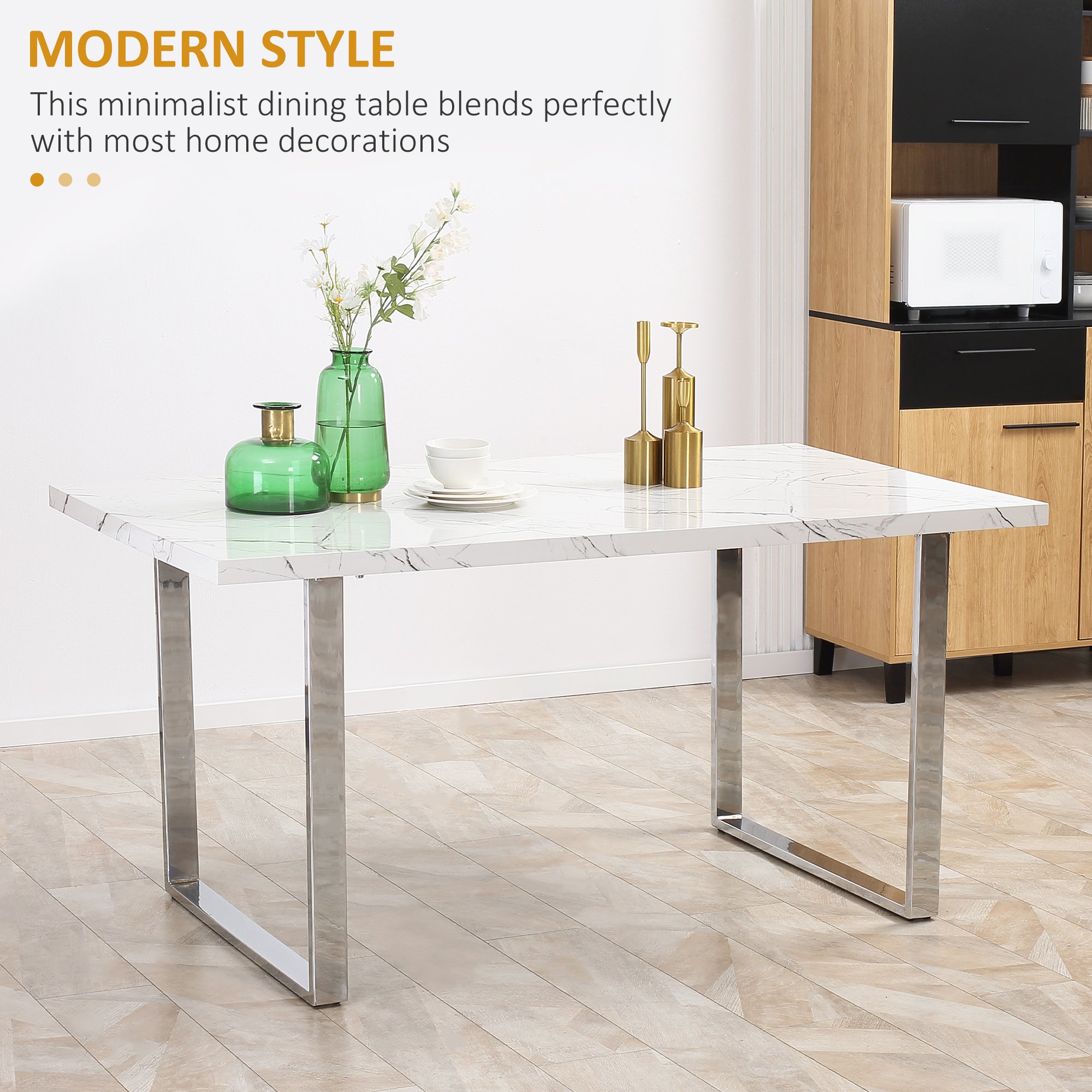 HOMCOM Modern Dining Room Table Rectangular Kitchen Table for 6-8 People with Marble Effect Tabletop Steel Legs 160 cm White