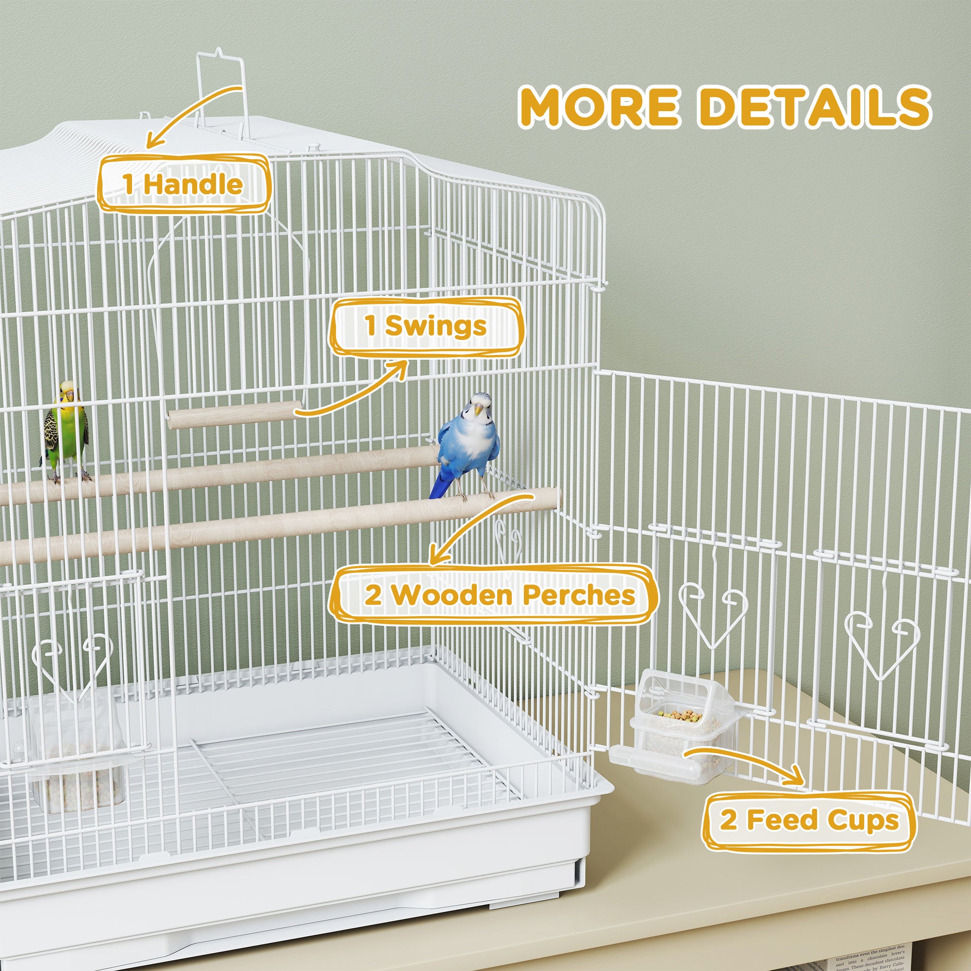 PawHut Large Metal Bird Cage with Perches, Food Bowls, Swing, for Budgies, Parakeets, White