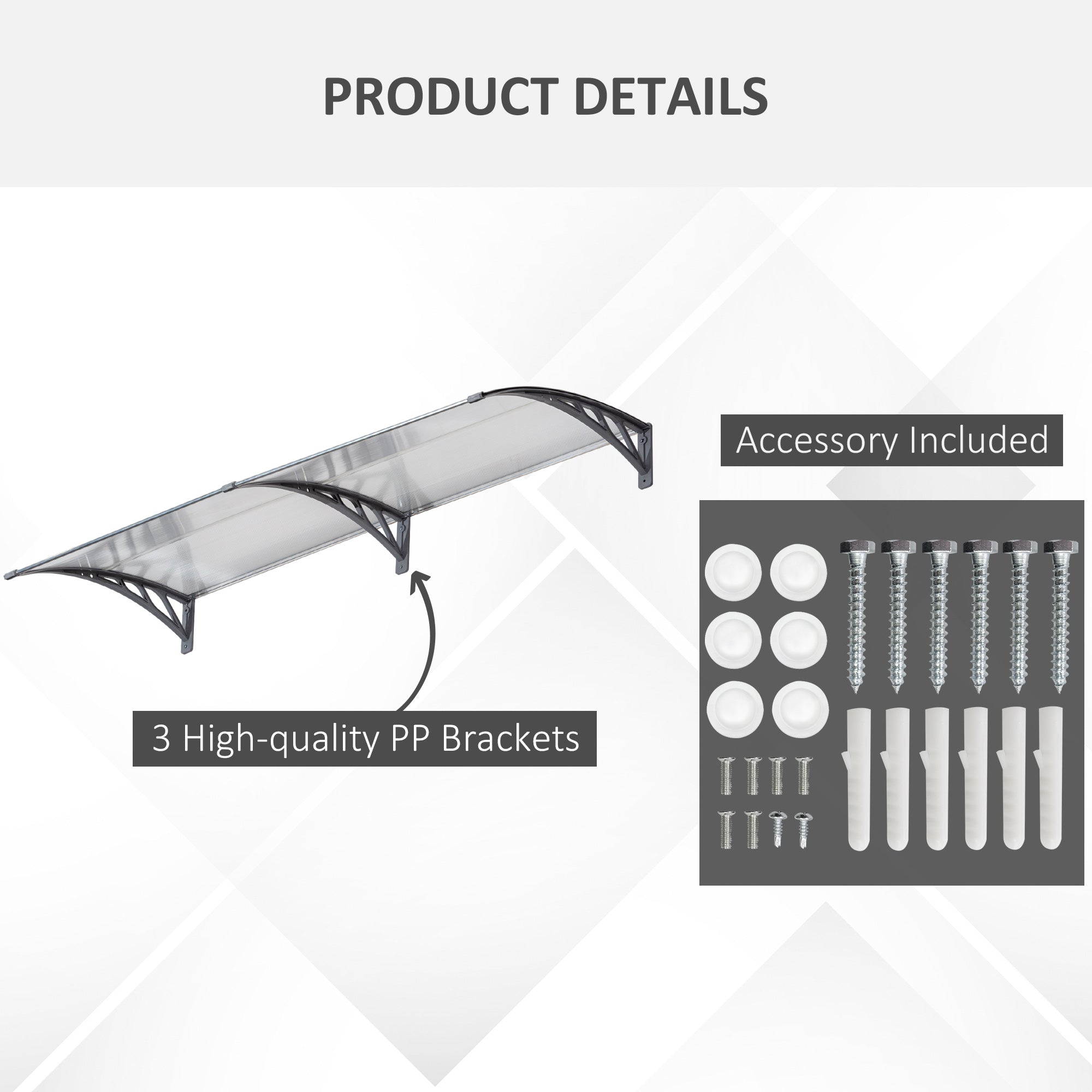 Outsunny Front Door Canopy Outdoor Awning Aluminium Rigid Plastic Polycarbonate Rain Shelter UV Water Rain Resistant 196 x 75cm Clear