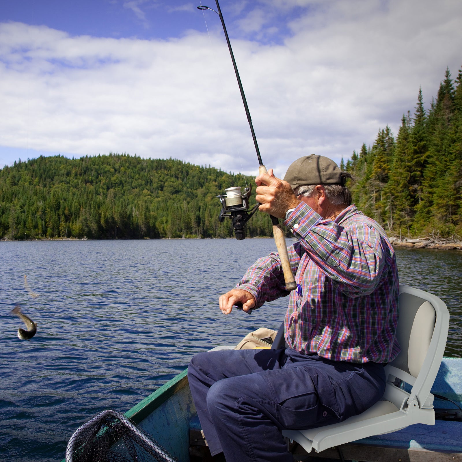 Folding Low Back Boat Seat with Mounting Hardware for Fishing-Grey