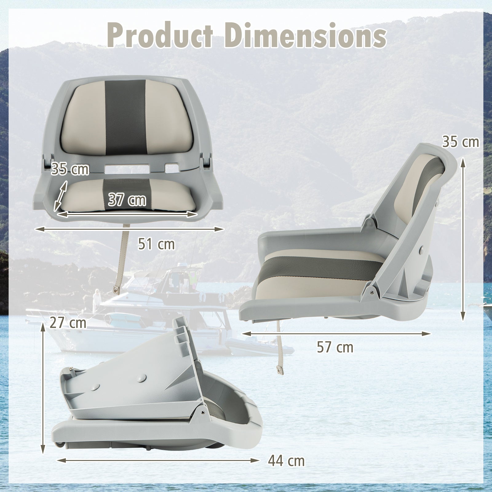 Folding Low Back Boat Seat with Mounting Hardware for Fishing-Grey