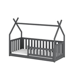 Dark grey kids single bed with a house frame and guard rail