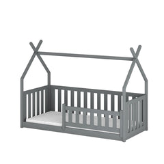 Light blue kids single bed with a house frame and guard rail