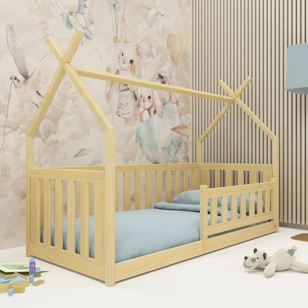 Natural wood kids single bed with a house frame and guard rail