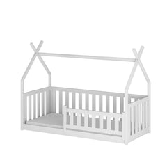 The white kids single bed with a house frame and guard rail
