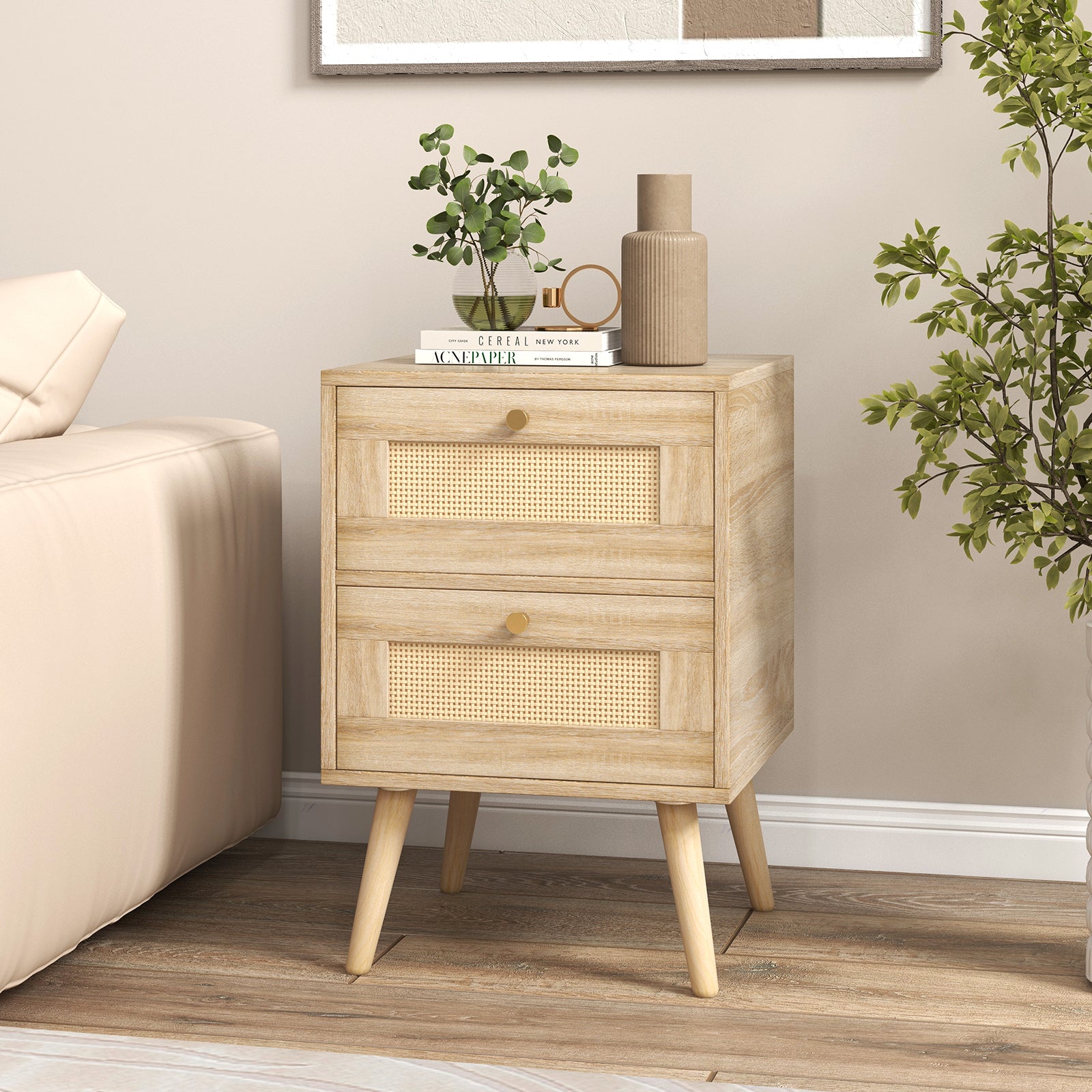 Boho Accent Rattan Nightstand Bedside Table with 2 Storage Drawers-Natural