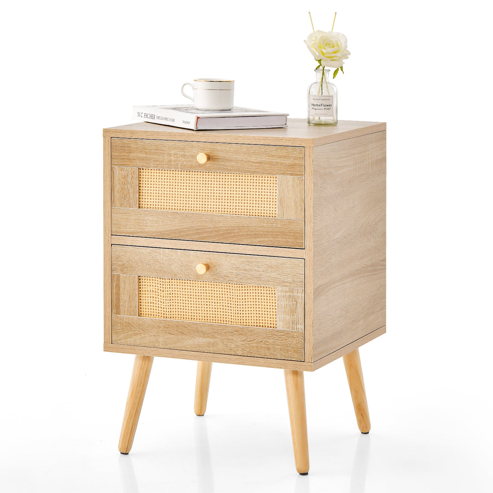 Boho Accent Rattan Nightstand Bedside Table with 2 Storage Drawers-Natural