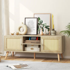 Boho PE Rattan TV Stand with 2 Cabinets and Open Shelves