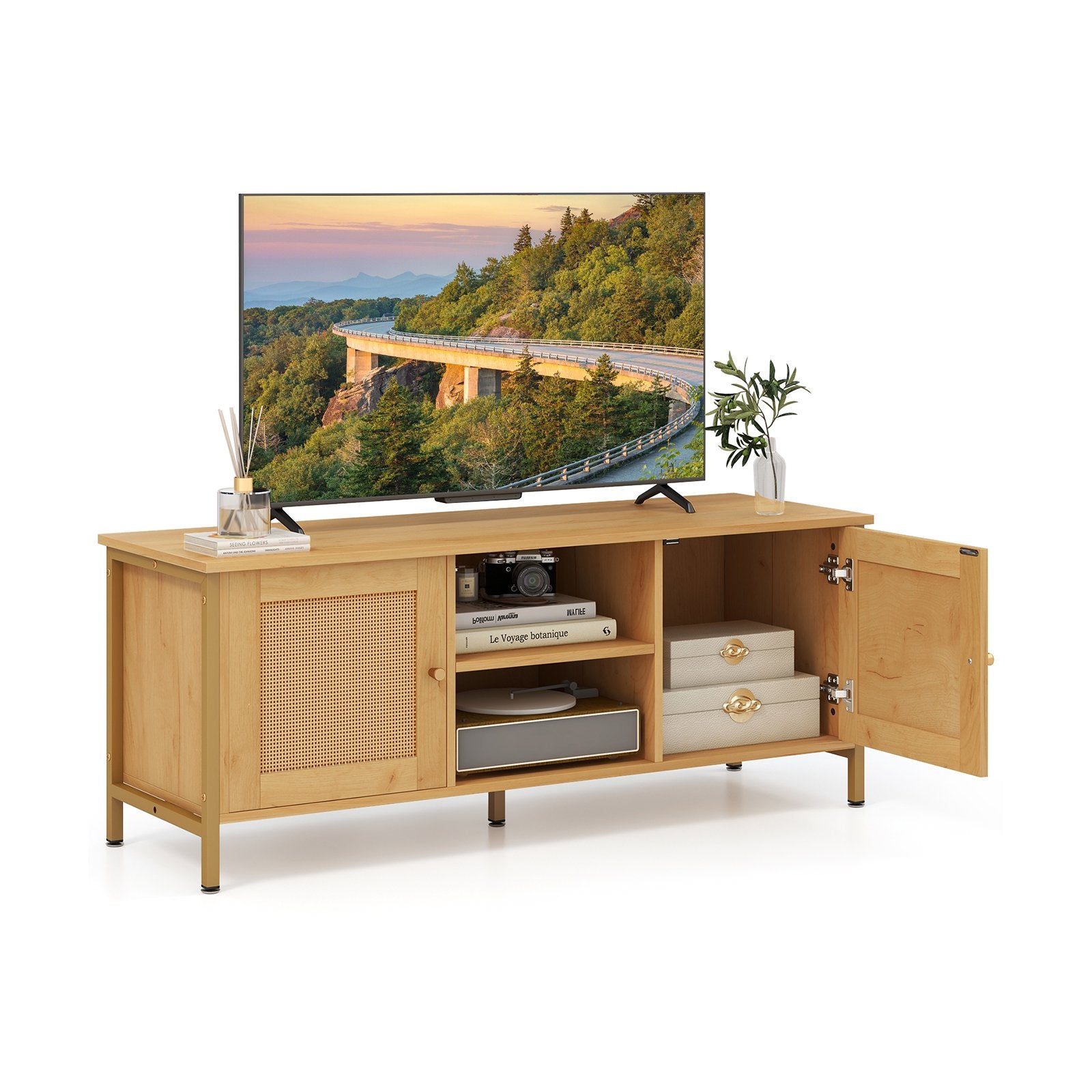Boho TV Stand Media Console Table with 2 Cabinets and Open Shelf-Natural
