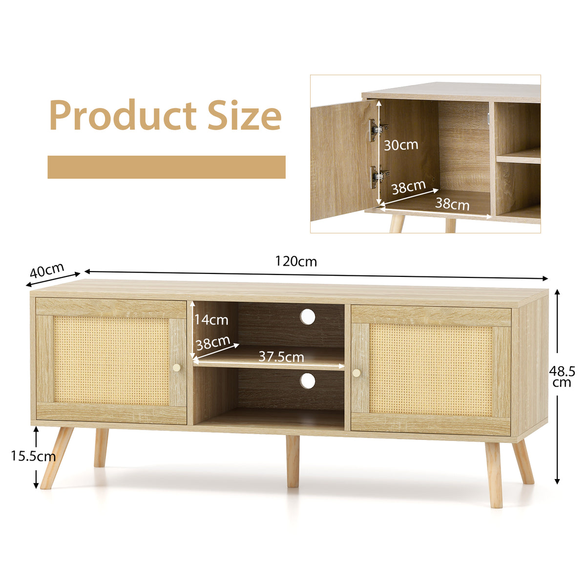 Boho PE Rattan TV Stand with 2 Cabinets and Open Shelves