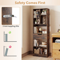 Bookcase with Drawer & 8 Open Cubes and Anti-Toppling Kits for Office Study-Rustic Brown