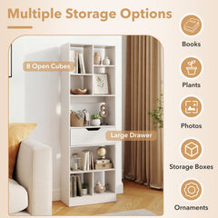 Bookcase with Drawer & 8 Open Cubes and Anti-Toppling Kits for Office Study-White